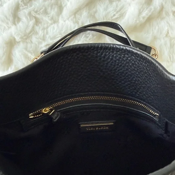 Tory Burch Black Pebbled Leather Tote with Gold Logo & Chain Straps - Picture 9 of 9